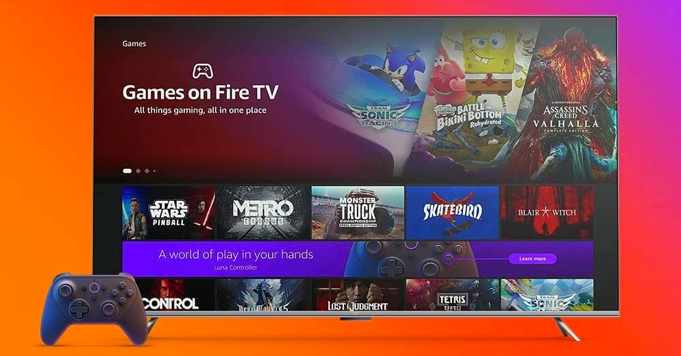 Amazon Fire TV with gaming controller next to it