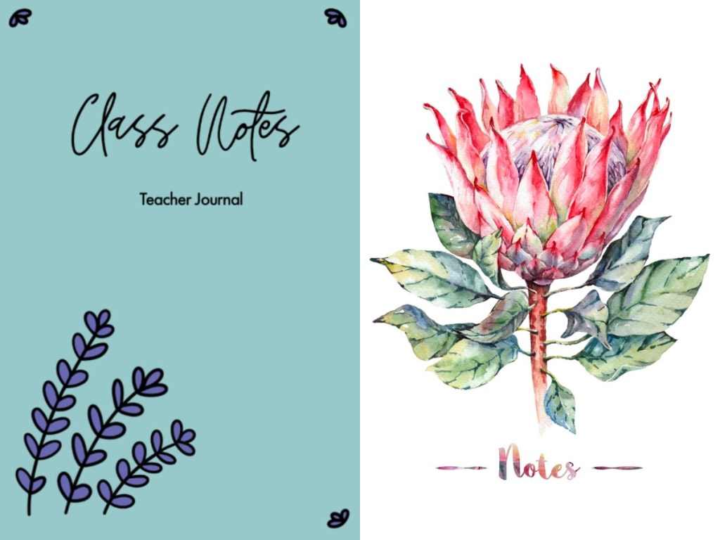 class notes and watercolor flower notebooks