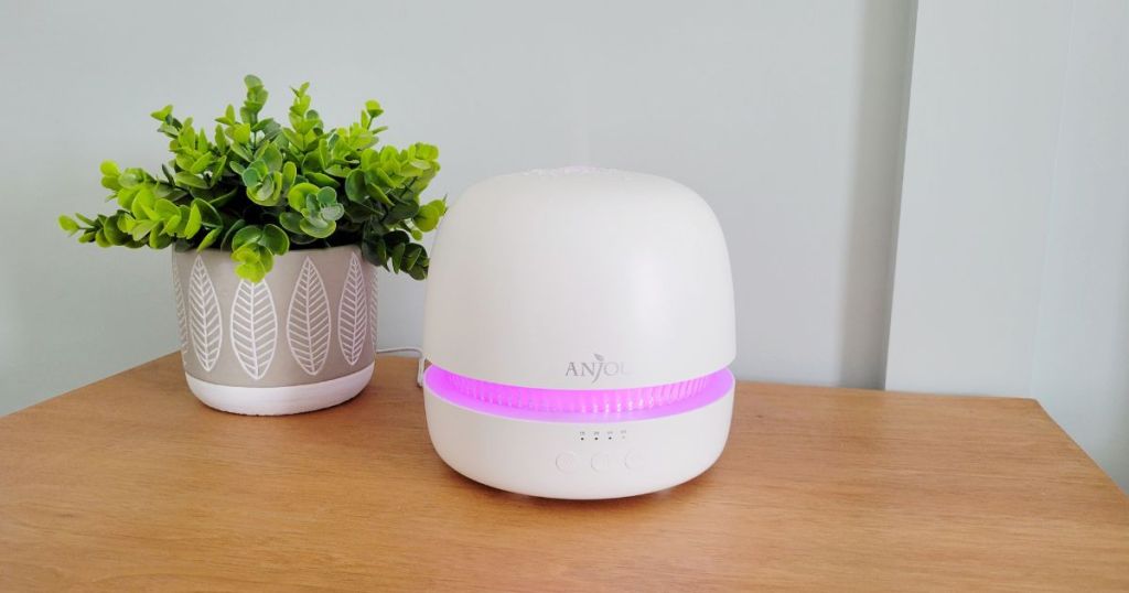 white Anjou diffuser with pink light places on wood table beside plant