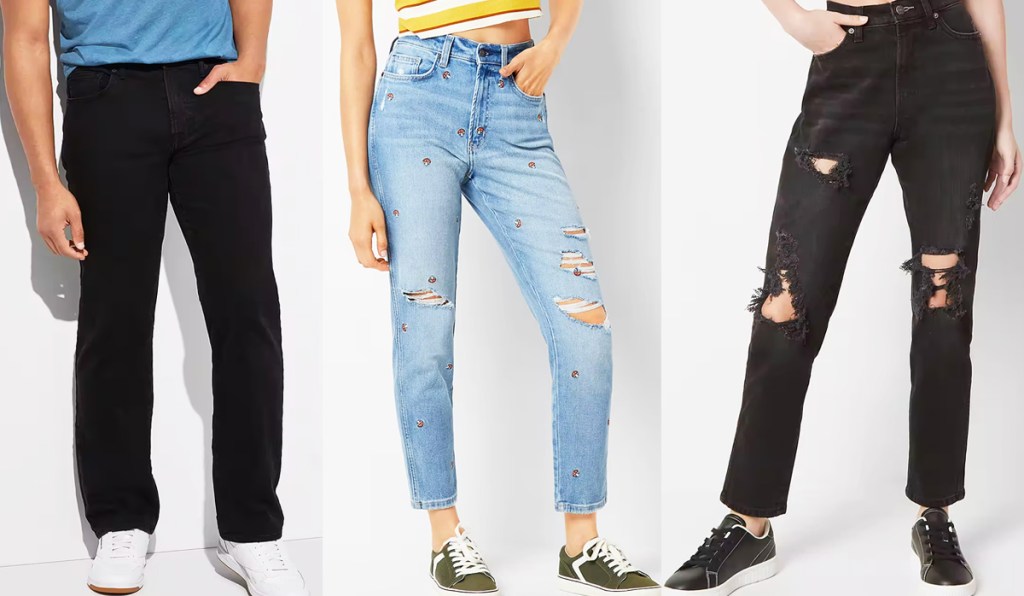 three men and women modeling jeans