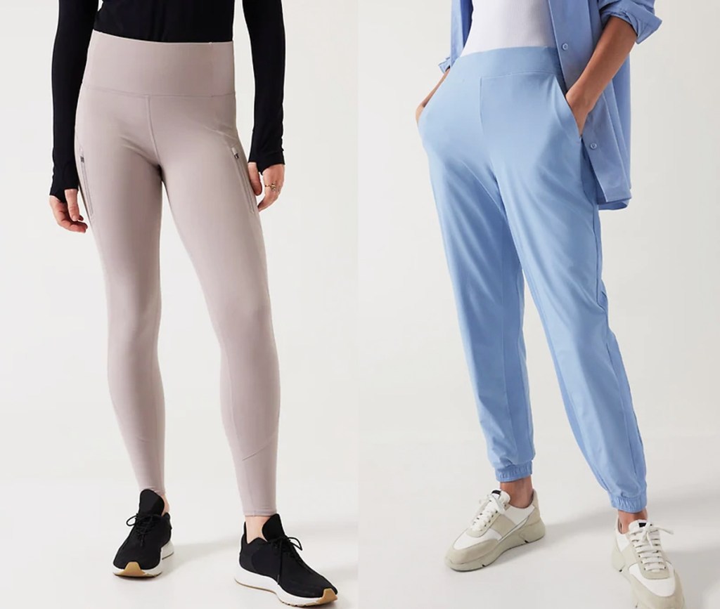 two women modeling leggings and joggers