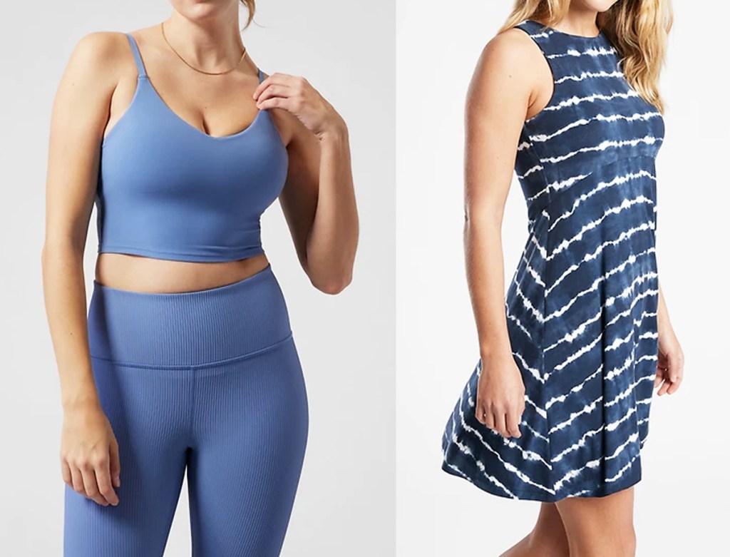 two women modeling matching blue workout outfit and blue striped dress