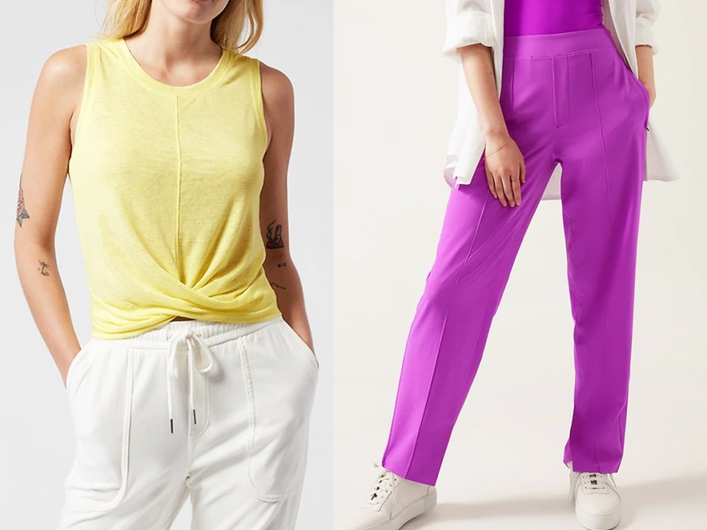 two women in yellow tank and purple pants