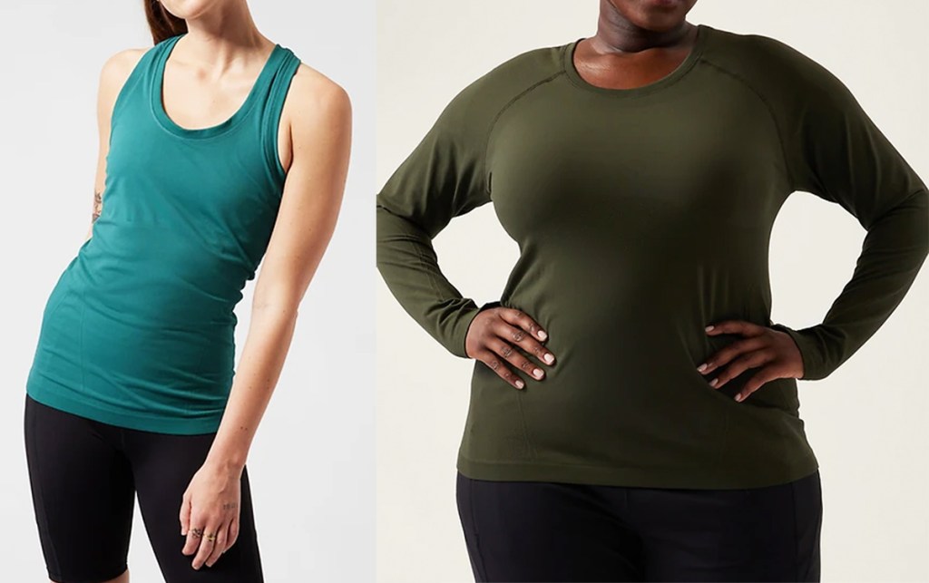 woman in teal tank and olive green long sleeve