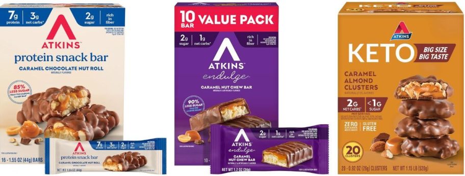 Stock images of 3 boxes of Atkins snacks