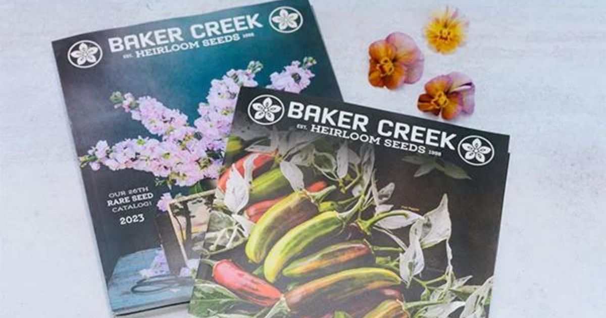 two copies of Baker's Creek free garden seed catalogs