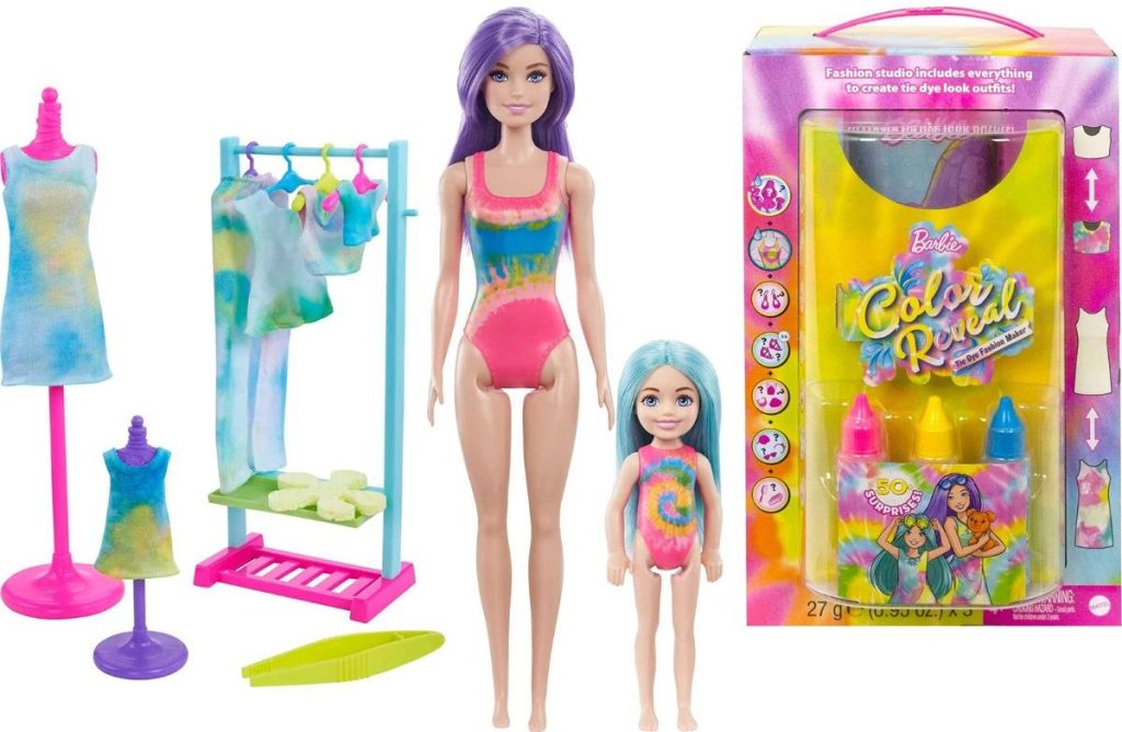 Barbie Color Reveal Playset with two dolls, clothes, clothing rack, and tie dye paints