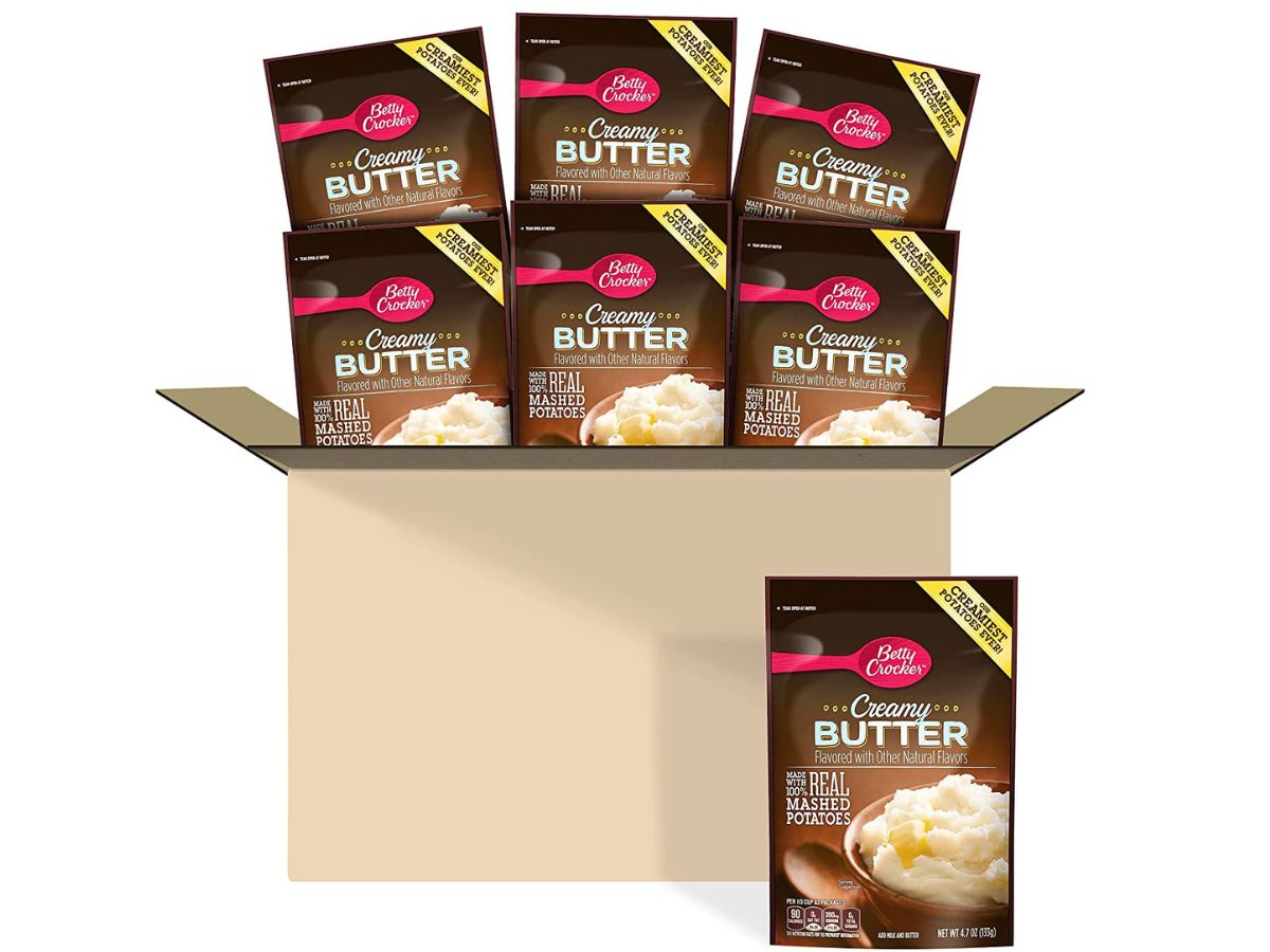 box with six Betty Crocker Creamy Butter Potatoes and one package of Betty Crocker Creamy Butter Potatoes on the outside of the box