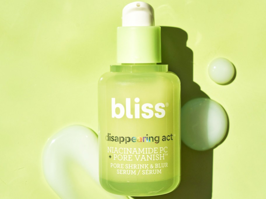bright green bottle of Bliss Disappearing Act Serum