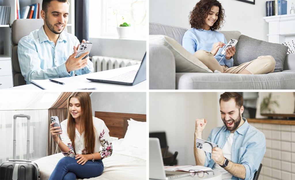 4 photos of people holding iphones connected to wireless chargers