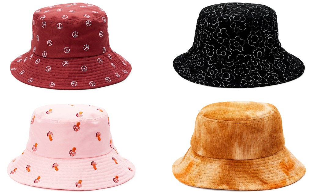 4 women's bucket hats with various prints