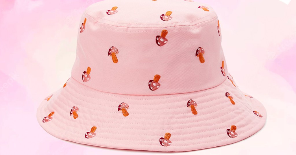 pink bucket hat with mushrooms print