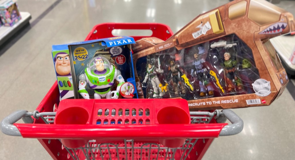 Buzz lightyear toys inside of target cart in the store