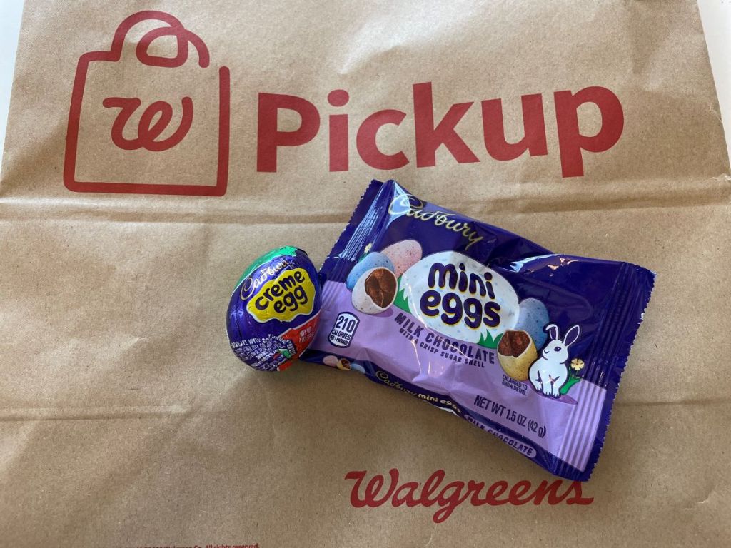 Cadbury eggs on a Walgreens pickup bag