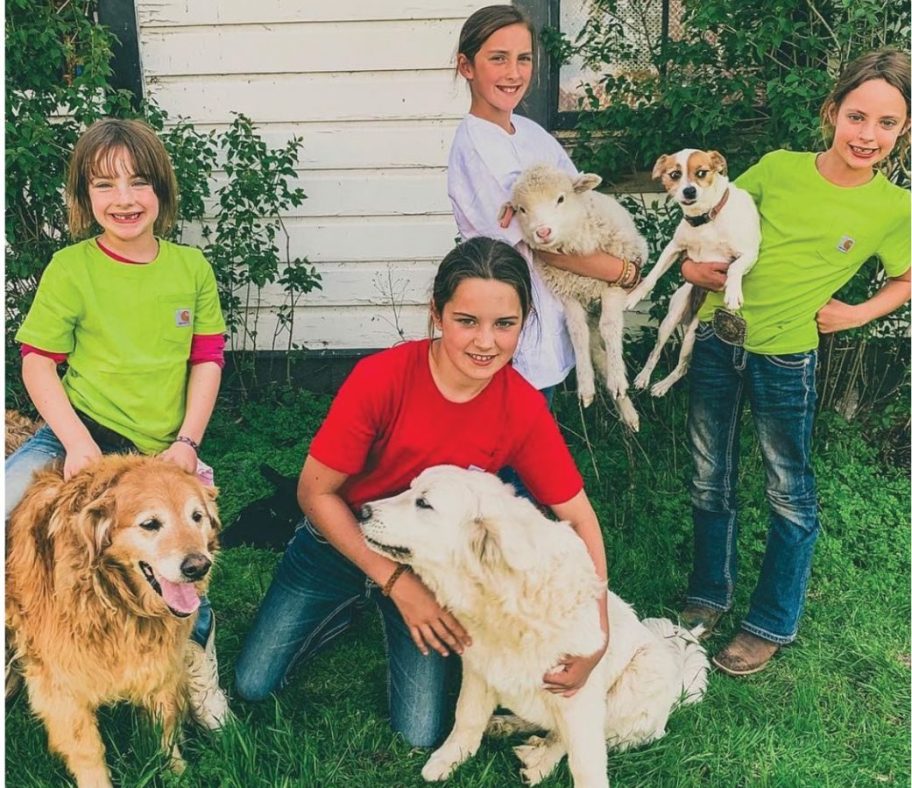 4 children wearing Carhartt tees while posing with their dogs