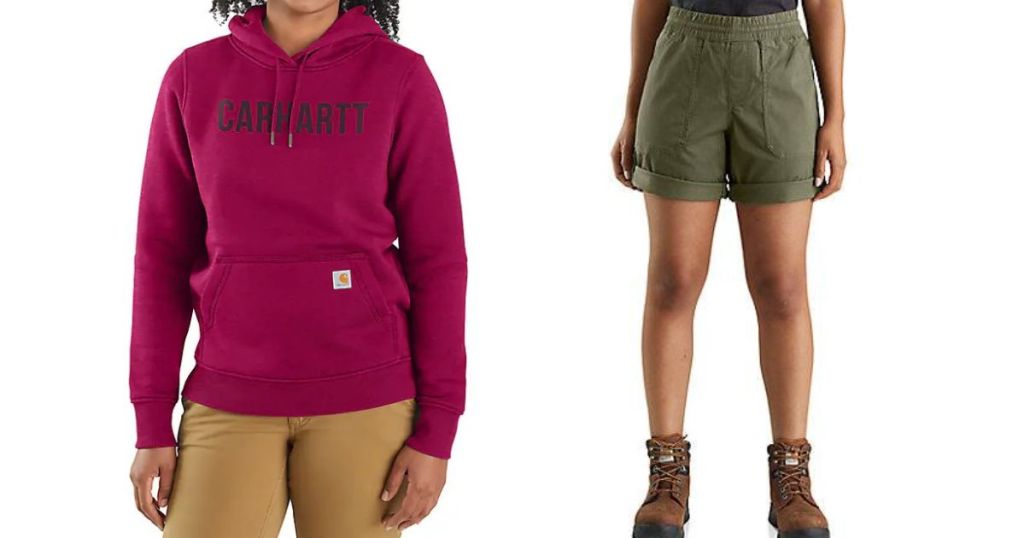 Woman in a pink Carhartt sweatshirt and a woman in olive green shorts