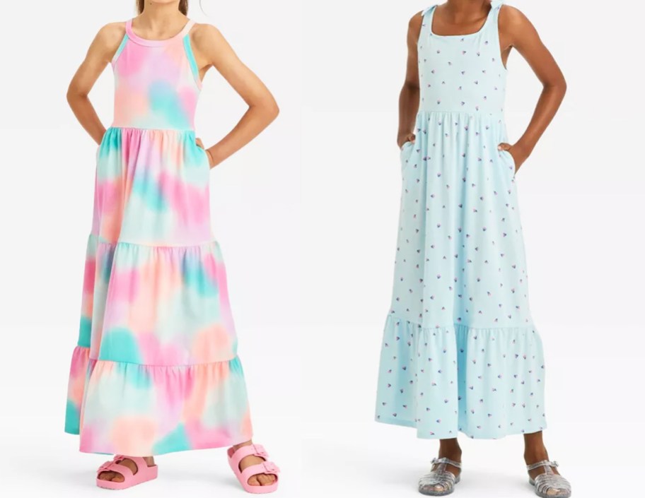 girls in tie-dye and floral print maxi dresses
