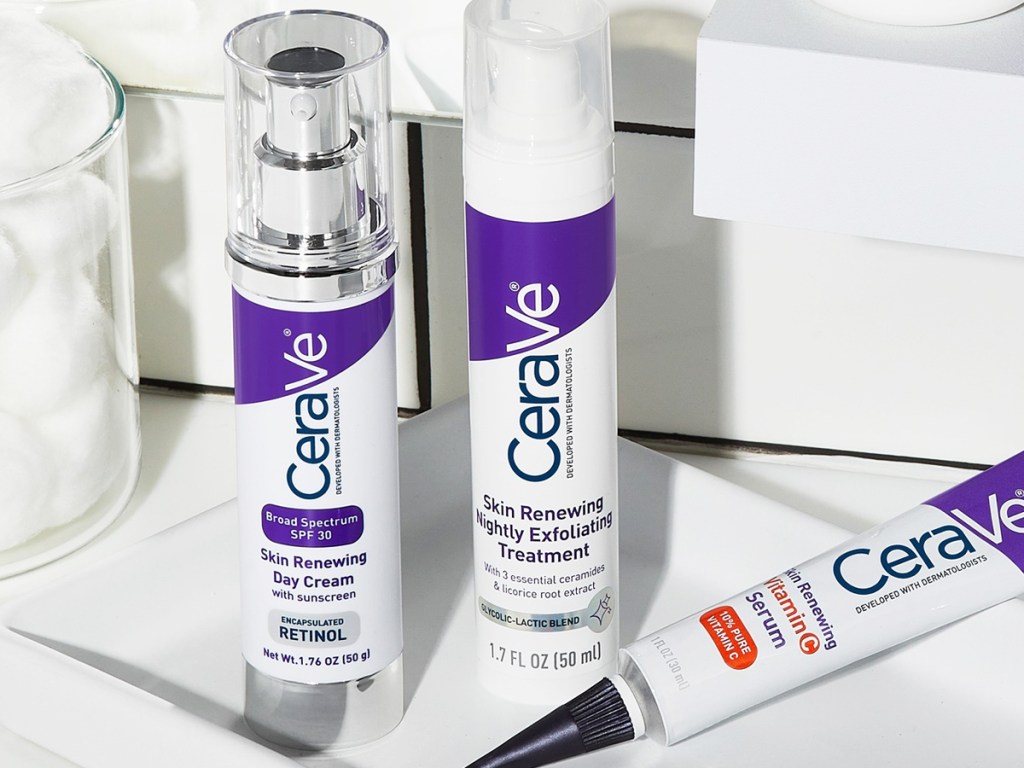 white and purple bottles of cerave retinol products on shelf