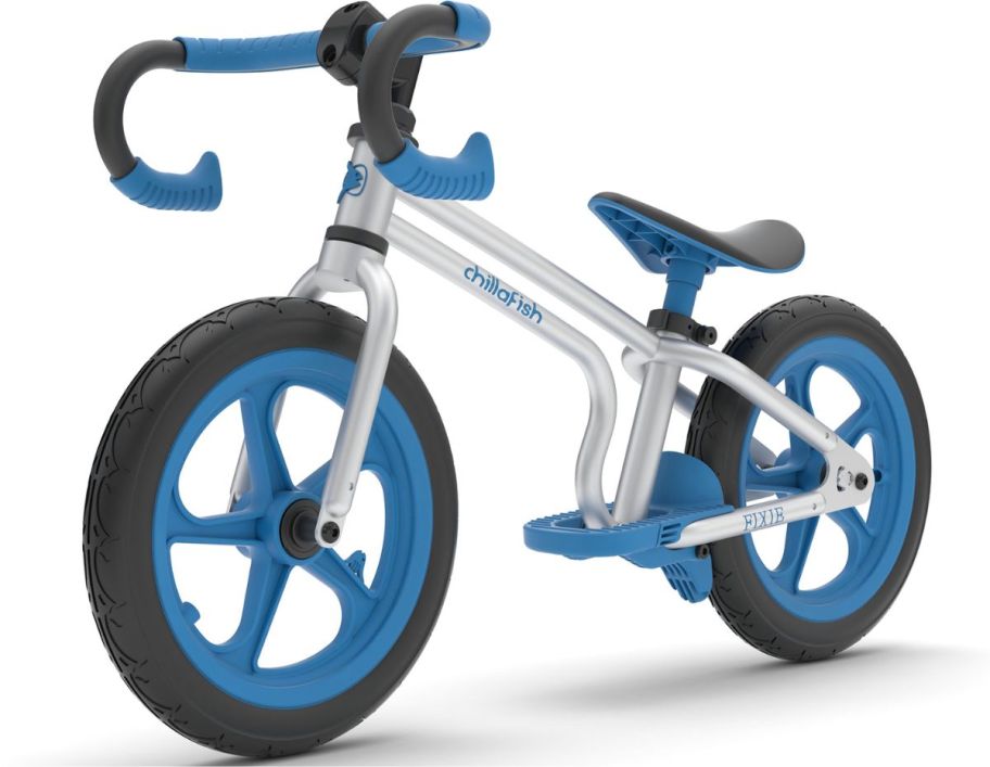 a silver and blue toddlers balance bike