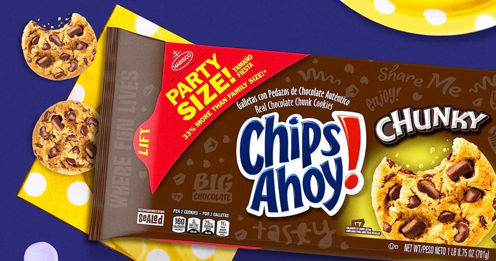brown party size pack of Chips Ahoy! Chunky Chunk Cookies