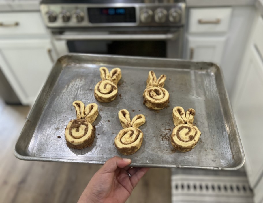 Cinnamon roll bunnies on a sheet pan for Easter breakfast