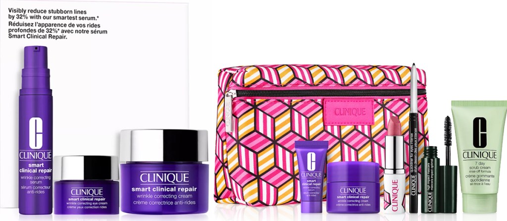 purple 3-piece clinique skincare set with a pink makeup bag with free samples