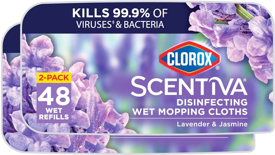 two purple packs of Clorox Scentiva Disinfecting Wet Mop Pads