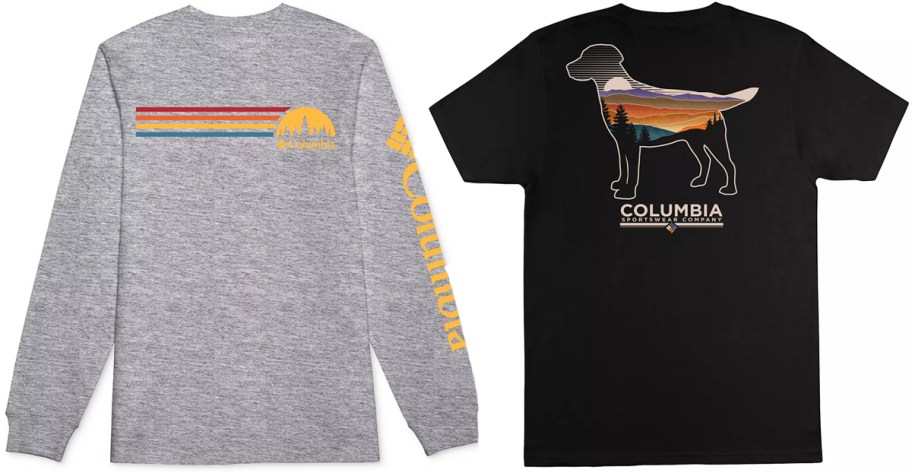 grey long sleeve and black short sleeve columbia graphic tees