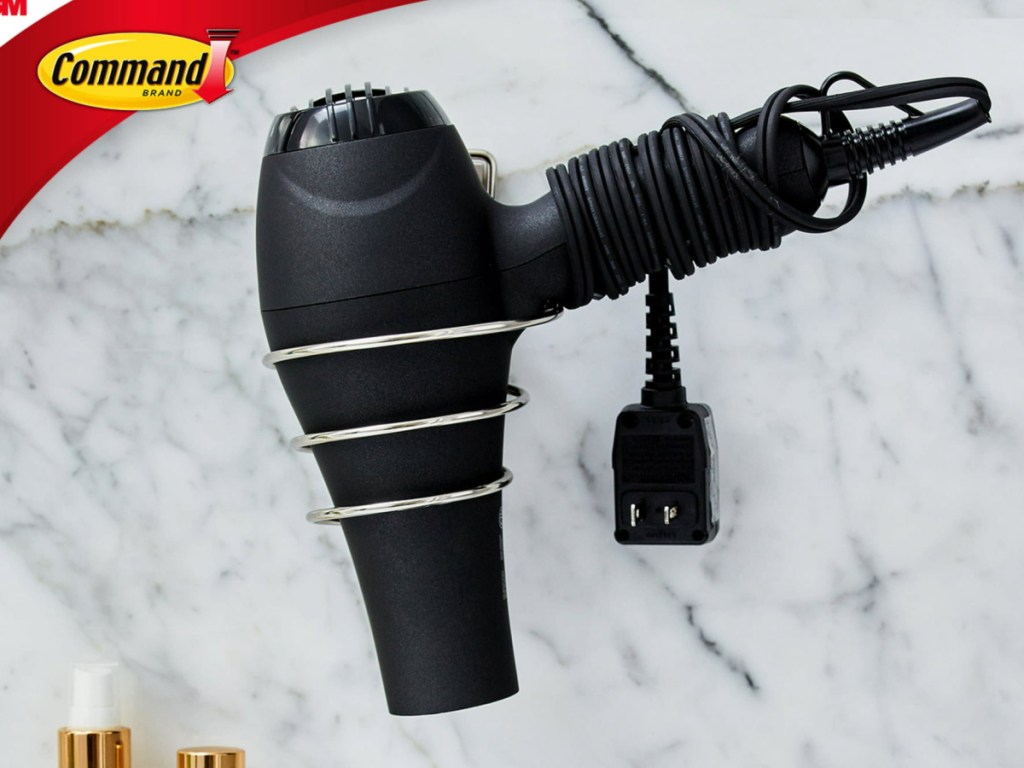 Command Hair Dryer Holder in bathroom