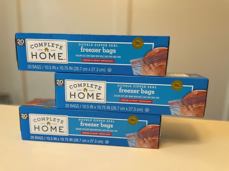 Stack of three Complete Home Freezer Bags boxes