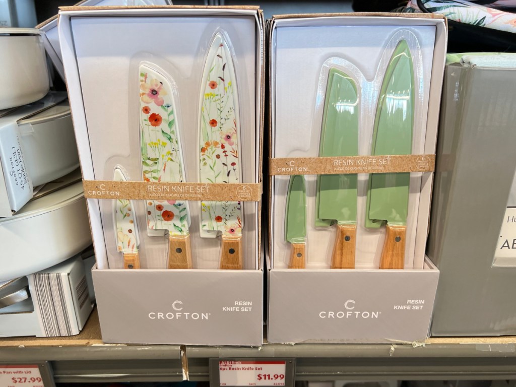 Crofton 6-Piece Resin Knife Set in floral and green on stand with price tag