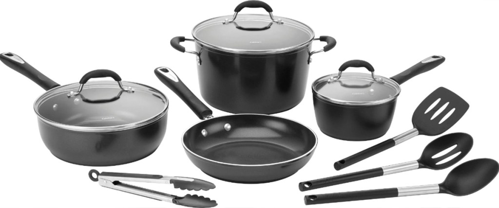 black nonstick cookware set and utensils