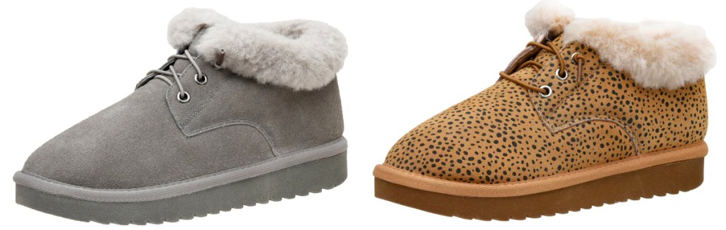 grey and brown spotted mini booties with faux fur cuffs