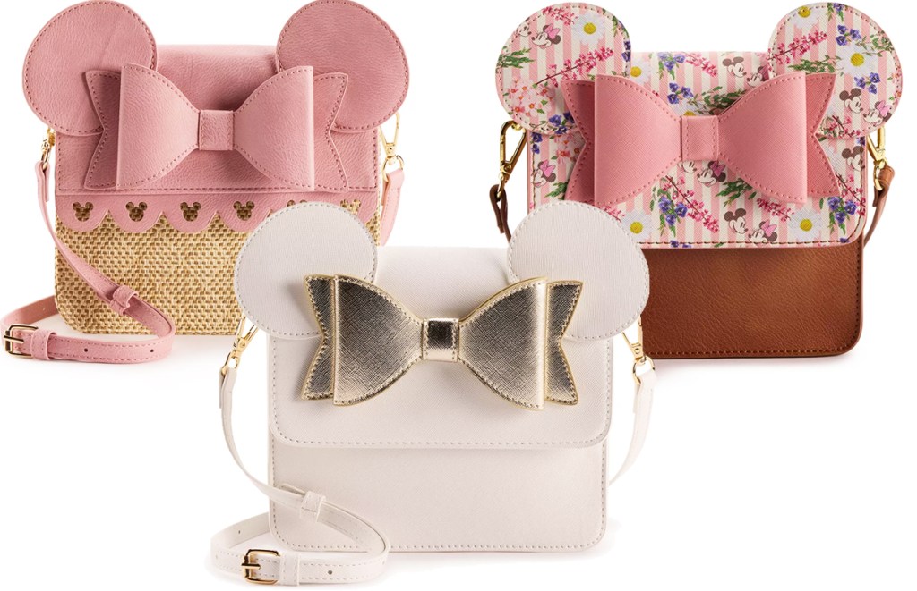 three minnie mouse ears shaped crossbody bags with bows