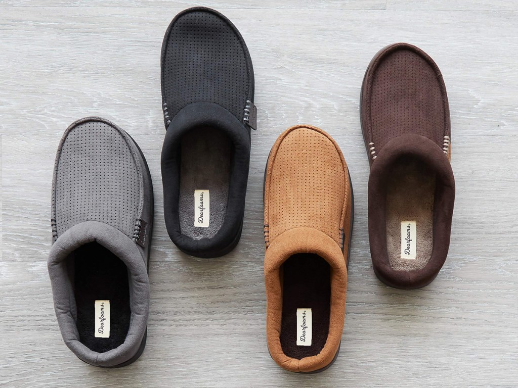 grey, black, tan, and brown men's slippers on floor