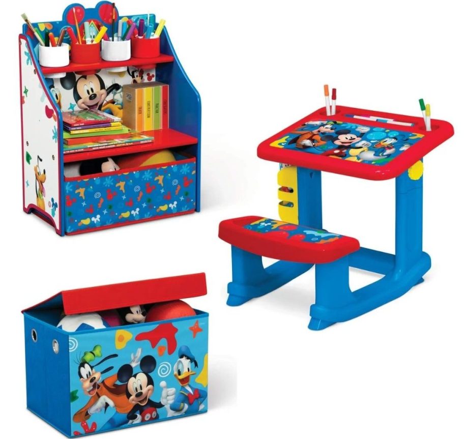 kid's Mickey Mouse art set with a toybox, art desk and storage shelf
