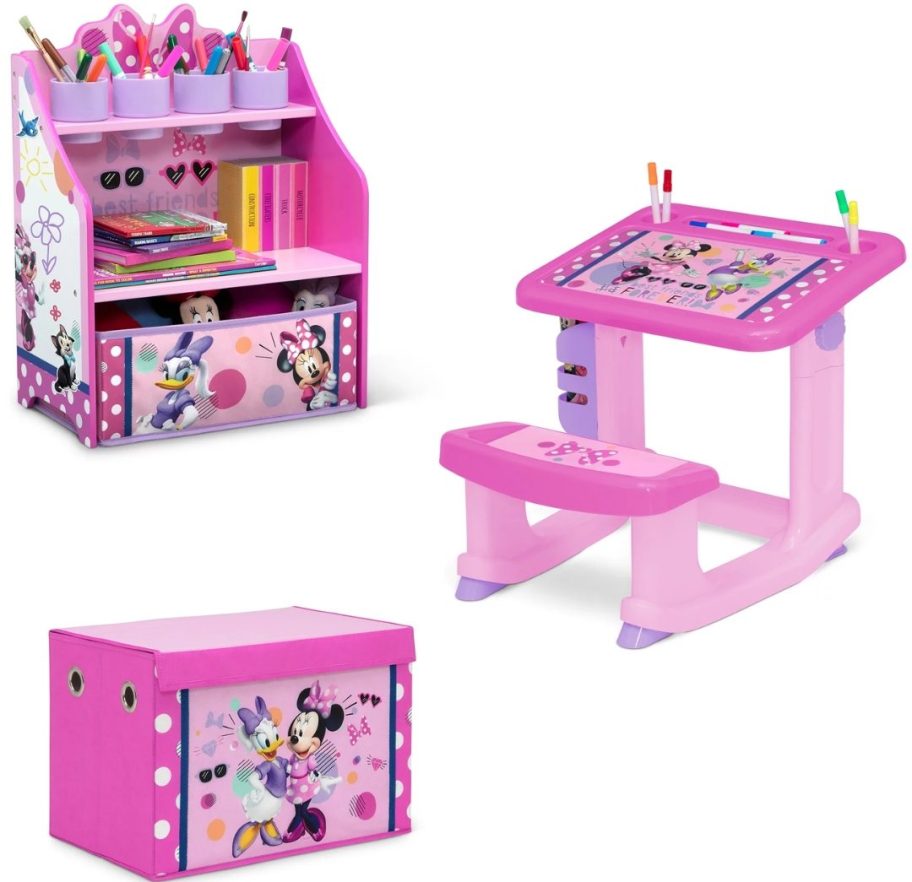 kid's Minnie Mouse art set with a toybox, art desk and storage shelf