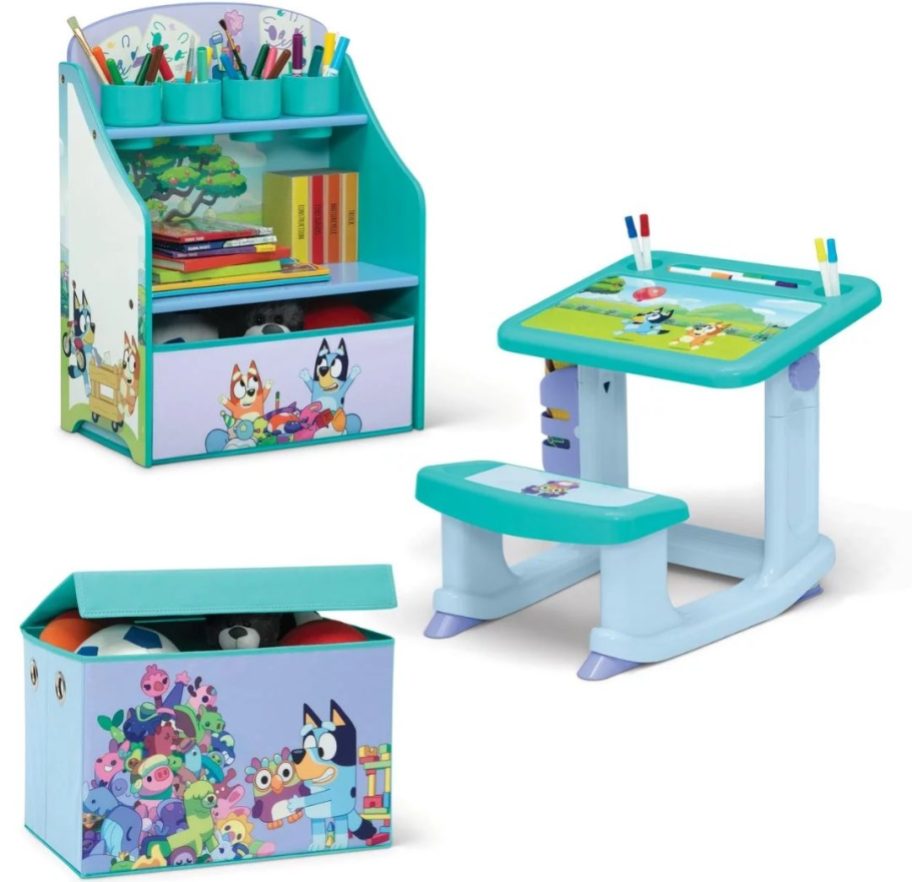 kid's Bluey art set with a toybox, art desk and storage shelf