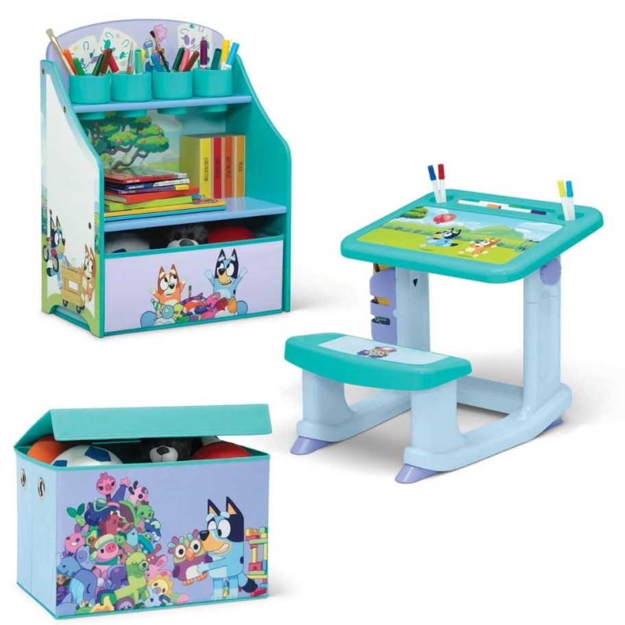 kid's Bluey art set with a toybox, art desk and storage shelf