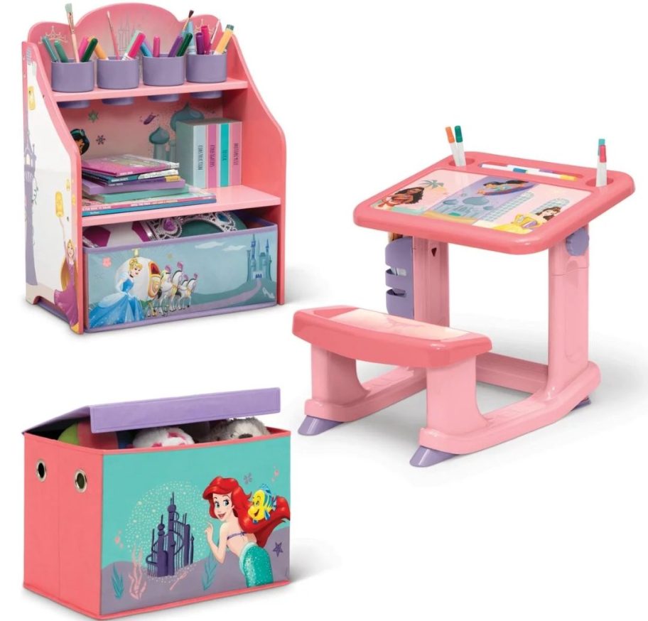 kid's Disney Princess art set with a toybox, art desk and storage shelf