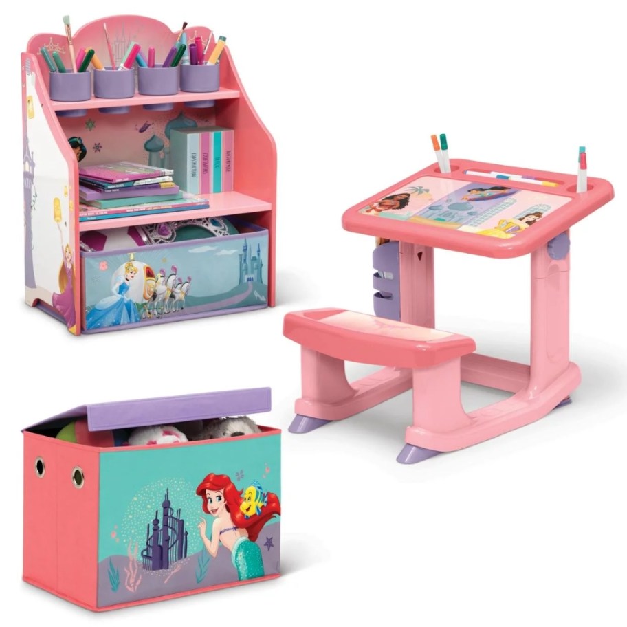 kid's Disney Princess art set with a toybox, art desk and storage shelf