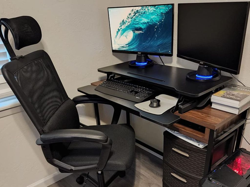 Desk set up with a xDesk Converter in Black with two monitors on it 