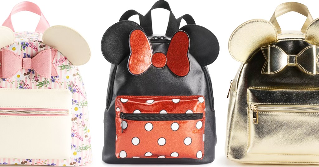 three minnie mouse backpacks with mouse ears