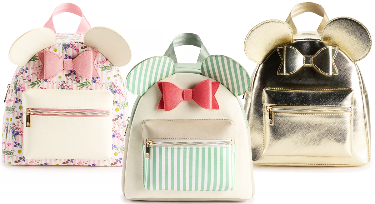 three disney bckpacks in floral print, green stripes, and gold metallic