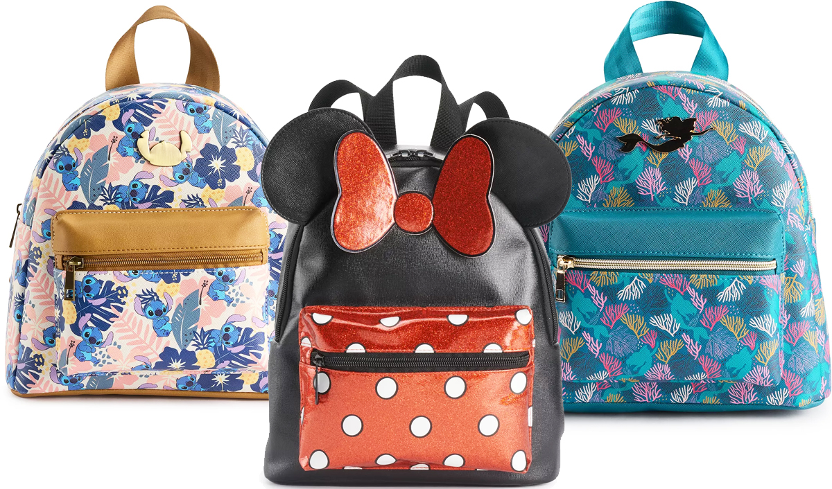 three disney backpacks in lilo & stitch, minnie mouse, and little mermaid prints