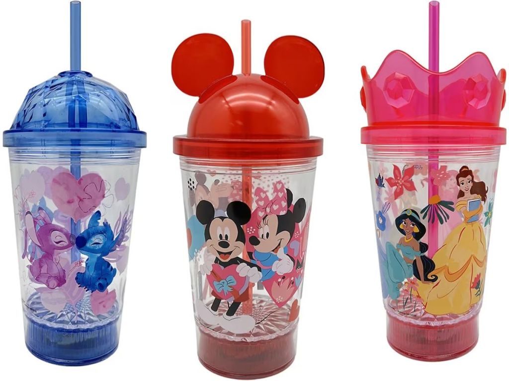 3 Disney Flashing Tumblers each featuring different disney characters