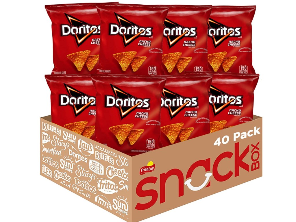 Doritos Snack Size Chips placed on top of box labeled 40 pack snacks