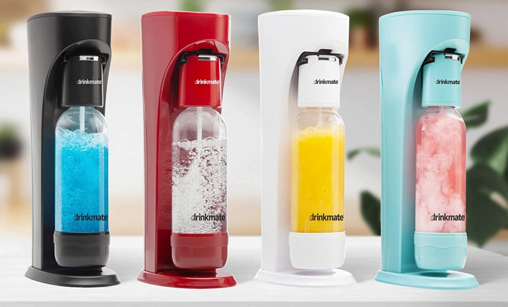 black, red, white, and teal drinkmate carbonated beverage makers
