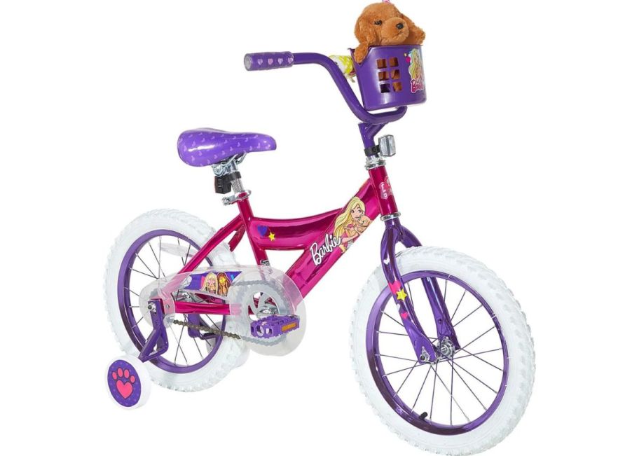 a pink barbie 16 inch girls bmx bike with a basket