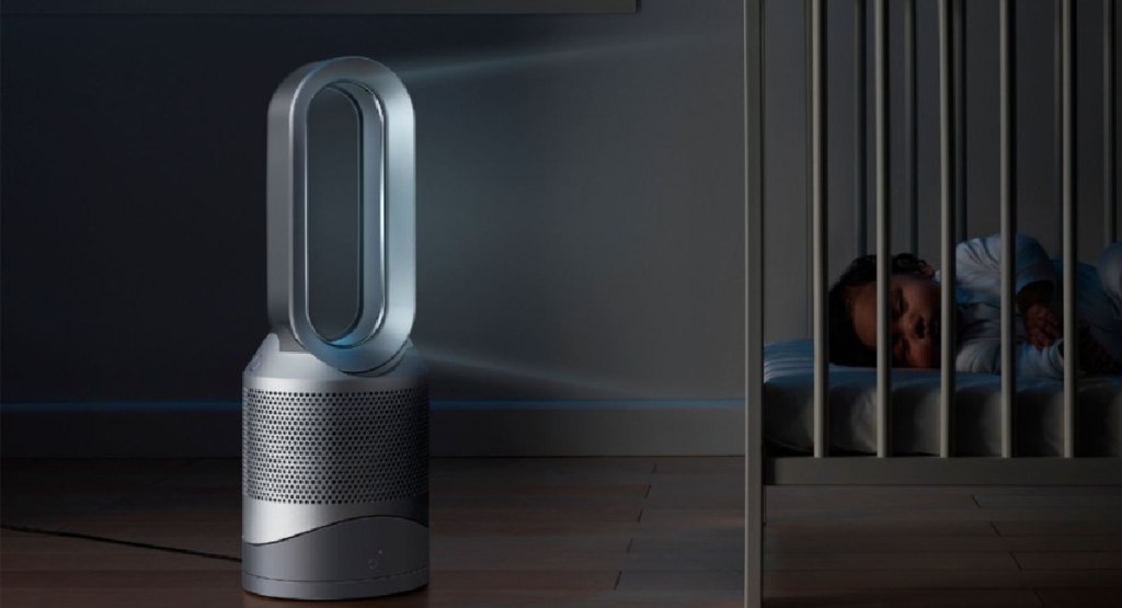 Dyson HP01 Pure Hot + Cool Air Purifier, Heater, and Fan in iron_silver in nursery with baby